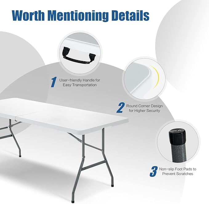 Goplus 6ft Folding Table, Indoor Outdoor Foldable Plastic Folding Tables, Heavy-Duty Rectangular Fold Up Table w/Handle, Portable Utility Card Table for Picnic, Party, Dining, Camping, Beach, White