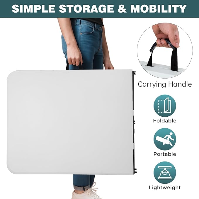 FDW 8 Foot Outdoor Dining Table, Foldable Portable Rectangular Plastic Folding Table with Built in Carrying Handle for Party and Wedding Use, White