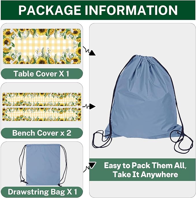 Picnic Table Cover with Bench Covers Elastic Edges, Yellow Fitted Table Cover, Outdoor Patio Camping Essentials 96 Inch 3PCS, Waterproof Camping Fitted Tablecloth with Drawstring Bag