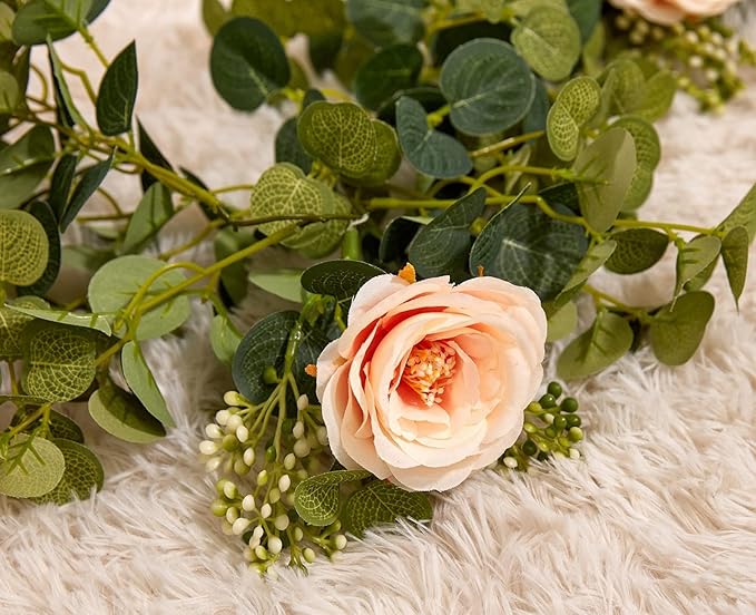 PARTY JOY 6.56ft Eucalyptus Garland with Flowers-8 Pink Roses-Lush,Natural Looking, Floral Garland Greenery for Party Wedding Table Indoor Outdoor Backdrop Wall Decor(Pink,1)