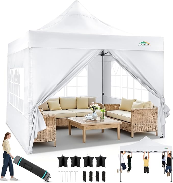COBIZI 10x10 Heavy Duty Pop Up Canopy Tent with 4 Sidewalls Thicken Frame, Commercial Easy Up Outdoor Wedding Party Tents, All Season Waterproof Windproof with Stakes Sandbags Ropes Roller Bag, White