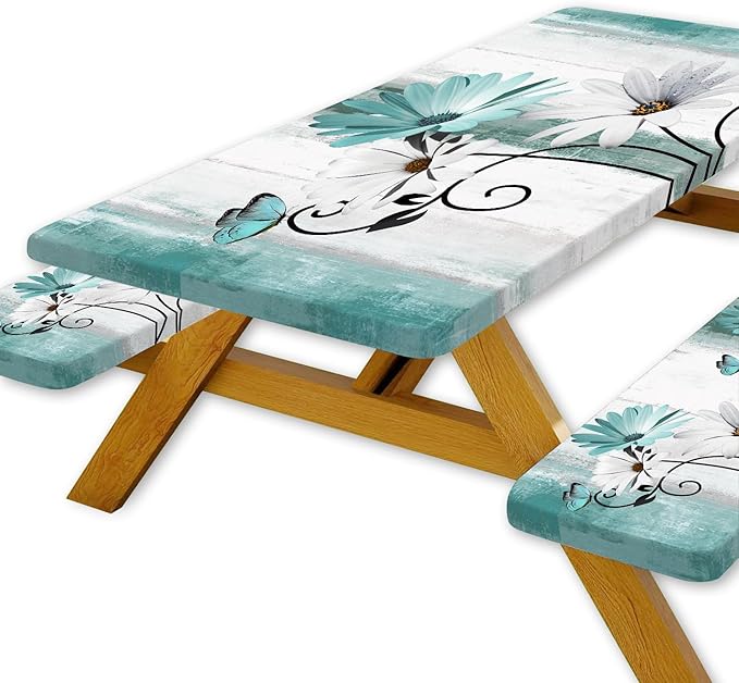Rustic Farmhouse Teal Flower Picnic Table Cover with Bench Covers, Waterproof Teal Daisy Floral Flowers Butterfly on Country Wooden Tablecloth for Camping Indoor Outdoor Party Decorations, 30X96in