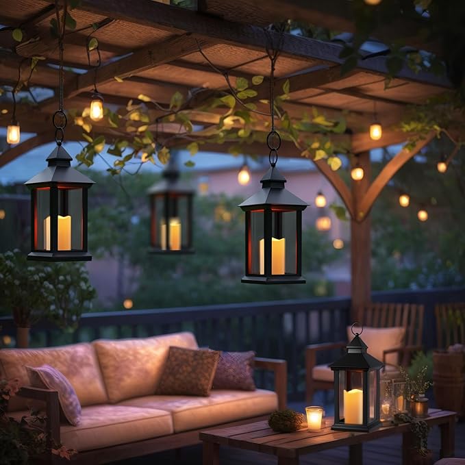 Lanterns Decorative Indoor, 1 Pack Black Decorative Flameless Candle Lanterns with Timer, Vintage 14" Waterproof Hanging Outdoor Lanterns, Battery Operated for Porch, Patio, Wedding Decor