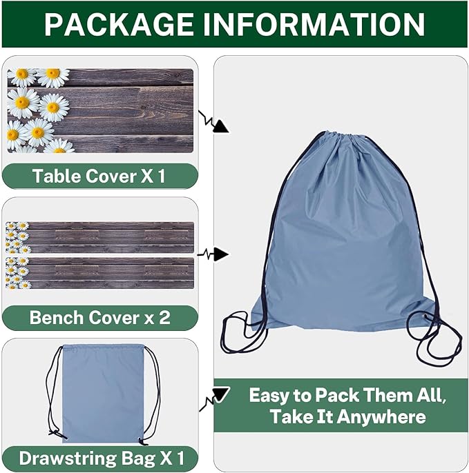 Picnic Table Cover with Bench Covers Elastic Edges, Chamomile Flower Fitted Table Cover, Outdoor Patio Camping Essentials 60 Inch 3PCS, Waterproof Camping Fitted Tablecloth with Drawstring Bag