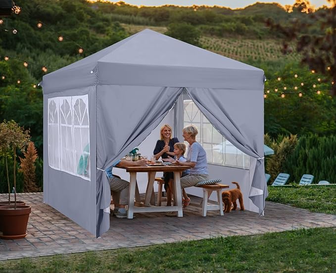 COOSHADE 8x8 Ft Pop up Canopy Tent Enclosed Instant Folding Canopy Shelter with Elegant Church Window Outdoor Pavilion Cater Party Wedding BBQ Events Tent(Grey)