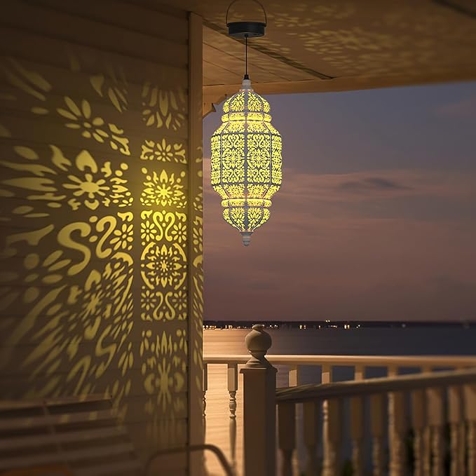18 Inch High Large Hanging Solar Lights Outdoor Garden Decor, Decorative Waterproof Plastic Moroccan Solar Lantern Lamp, Outside Decorations for Patio Yard Porch Decor, Gardening Gifts for Women Mom