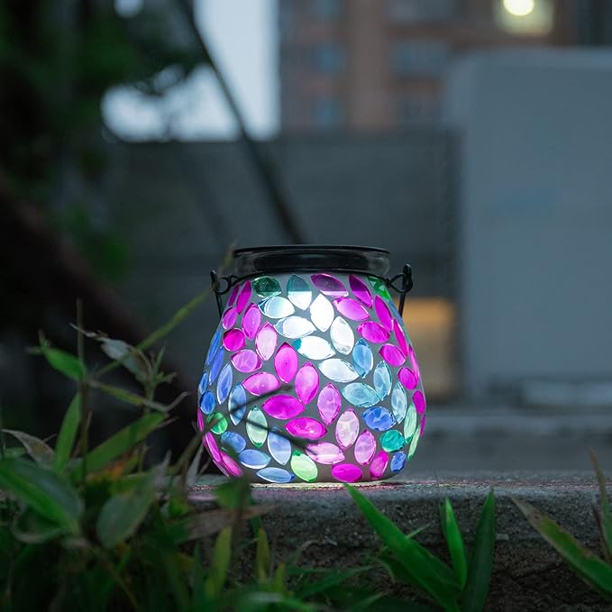 Afirst Mosaic Solar Lanterns Outdoor - Glass Hanging Solar Lights Hollow Out Waterproof Table Lamp Outdoor Decorative for Garden, Patio, Holiday Party Outdoor Decoration
