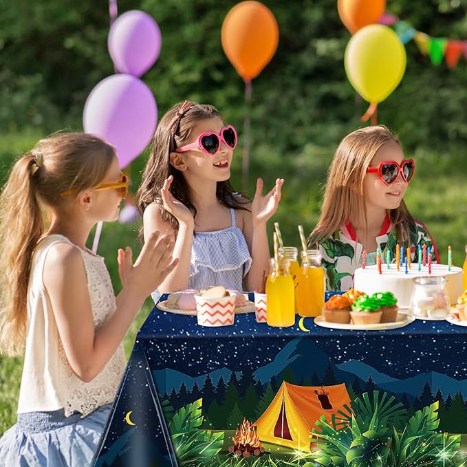 Chinco 3 Pieces Camping Tablecloth Campfire Camp Party Decorations Waterproof Plastic Rectangular Table Cover for Picnic Hiking Adventure Birthday Party Supplies