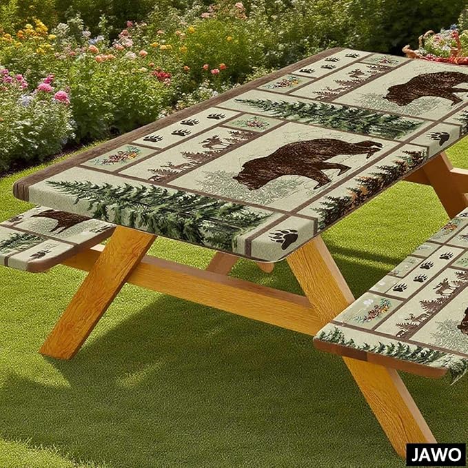JAWO Picnic Table Cover with Bench Covers Rustic Bear Pattern Waterproof Windproof Fitted Outdoor Patio Camping Rectangle Tablecloth 72x30 Inch Elastic Edges