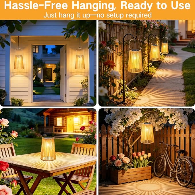 2 Pack Solar Lanterns, Outdoor Waterproof Hanging Rattan Woven Solar Lights with Auto On/Off, Decorative Gifts for Mom, Garden, Yard, Patio, Tree, Porch, Lawn, Pathway Outside Tabletop Decor