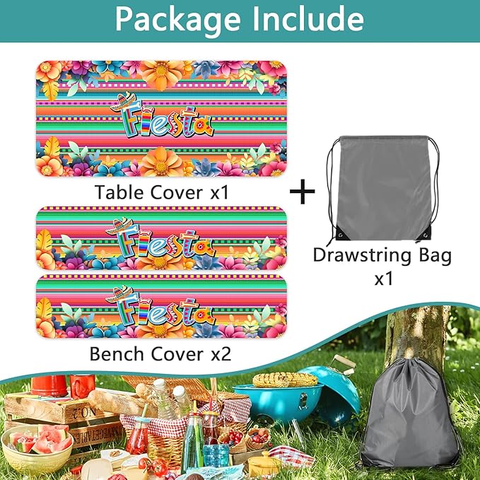Mexican Fiesta Picnic Table Cover with Bench Covers, Cinco de Mayo Fiesta Waterproof Windproof, Camping Essentials, Fitted Tablecloth Cover with Elastic Edge, for Garden & Outdoor, 3 PCS, 30x60 Inch