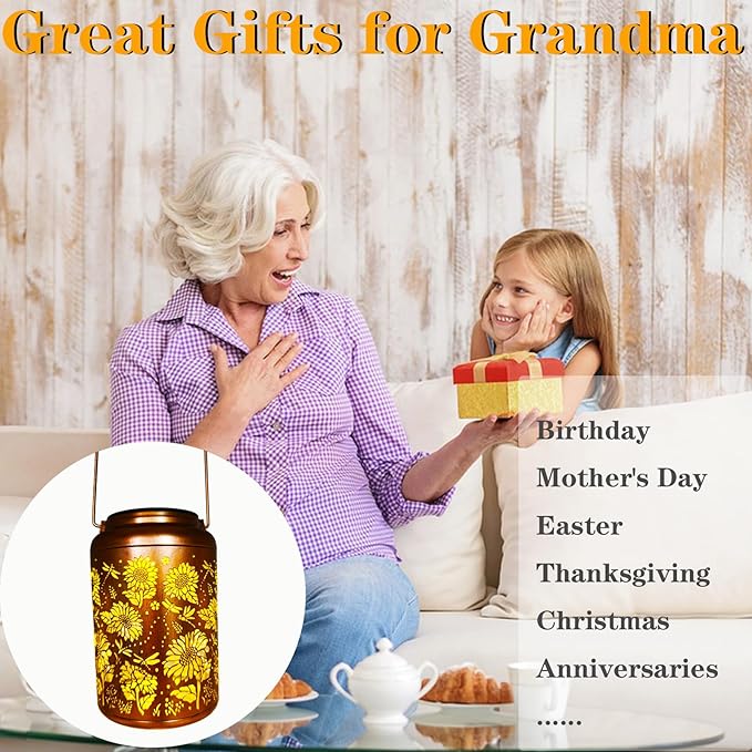 Merrytech Birthday Gifts for Women Mom Grandma Ideas,Solar Lanterns Outdoor Waterproof,Dragonfly & Sunflower Hanging Metal Garden Decor Art Lights,Decorative Solar Powered Lantern for Patio Yard Porch