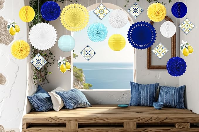 23pcs Amalfi Coast Party Decorations - Capri Lemon Yellow Blue White Hanging Paper Lanterns, Fans, Pom Poms, Honeycomb for Birthday, Baby Shower, Mediterranean, Italian Summer Themed Decor