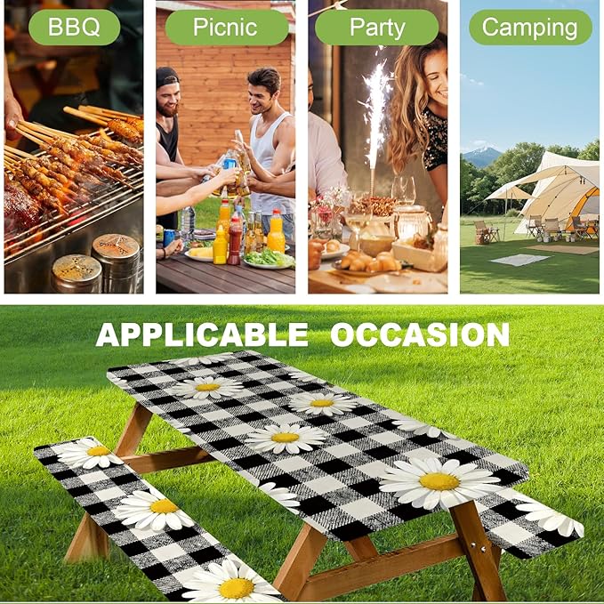 ANNA QUEEN 6FT Chrysanthemums Spring Picnic Table Cover with Bench Covers Picnic Table Cover Set 3PCS 72"x30", Waterproof Outdoor Bench and Tablecloth Furniture Protection for Camping Beach BBQ