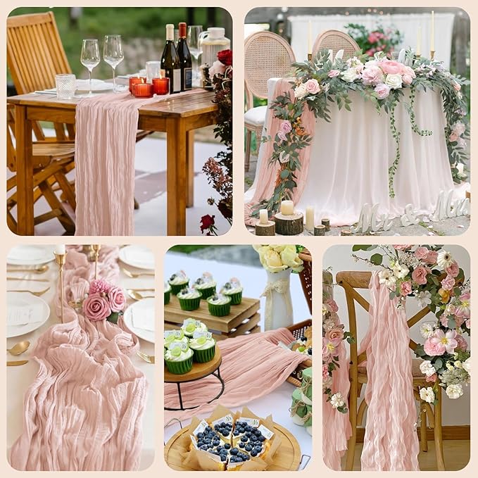 Asee'm 6pcs Cheesecloth Table Runner 120 Inches Dusty Pink Boho Gauze Cheese Cloth Runner 10FT Rustic Sheer Table Runners for Summer Wedding Baby Shower Holiday Party Decoration
