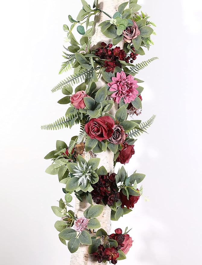 Serra Flora Artificial Flowers Combo Dahlia 25pcs Silk Fake Flowers Roses for DIY Wedding Bouquets Burgundy Centerpieces Arrangements Party Bridal Baby Shower Home Decorations(Burgundy)