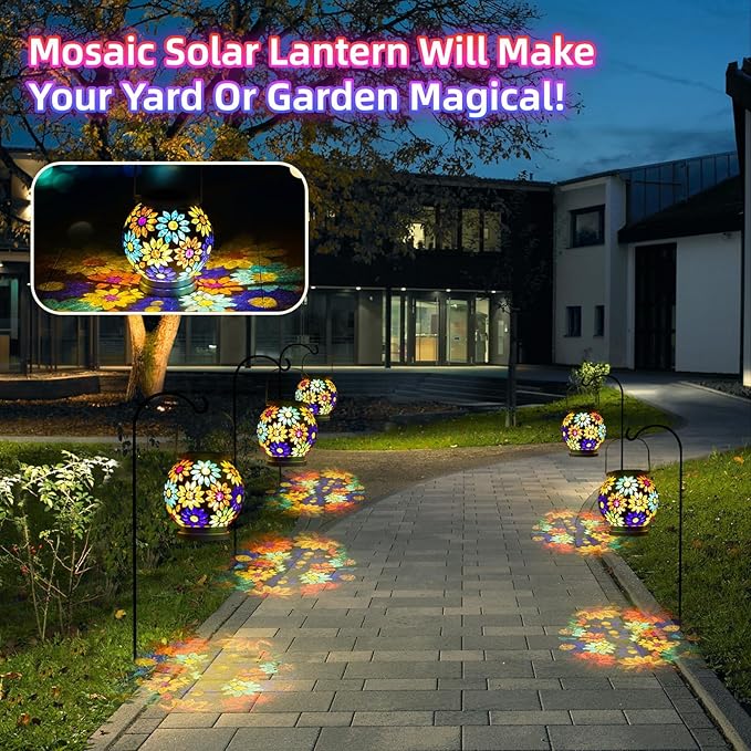 VOREEN Mosaic Solar Lanterns, Handmade Outdoor Glass Hanging Lights, Waterproof Solar Table Lamps, Gift for Mom Wife Friend, Decoration for Garden, Patio, Yard, Party, Balcony, Floral Pattern