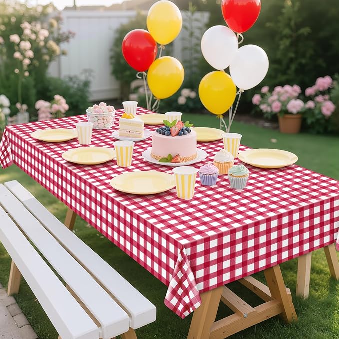 1 Pack Red Striped Gingham Tablecloths, 54 x 108 Inch Disposable Plastic Rectangle Table Covers, Waterproof Red and White Checkered Table Cloths for Picnic, Birthday, Party, Outdoor Events