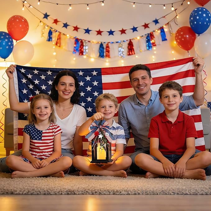 Patriotic Lanterns Decorative Indoor, 2 Pack Black Lantern with Timer Flameless Candle, 14" Battery Waterproof Outdoor Hanging 4th of July Lanterns for Porch, Patio, Patriotic Decorations