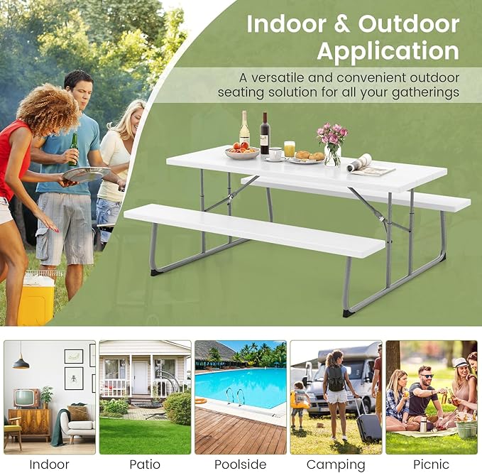 Giantex Folding Picnic Table - 6 FT Outdoor Table Bench Set for 8 Persons w/All-Weather HDPE Tabletop, Metal Leg, Umbrella Hole, Large Outside Dining Table for Patio Garden Yard Poolside (White)