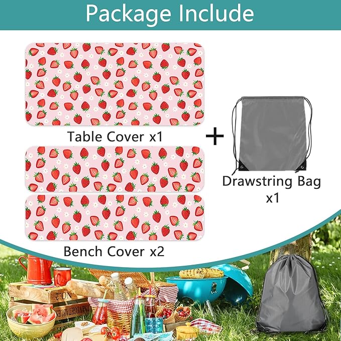 Strawberry Picnic Table Cover with Bench Covers and Bag, Camping Essentials, Berry Waterproof Windproof, Fitted Tablecloth Cover with Elastic Edge for Outdoor Garden 3 PCS 30x96 Inch