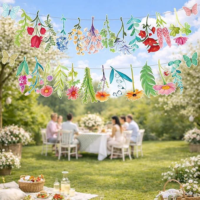 Wildflower Butterfly Party Garland Wedding Party Banner Decorations for Spring Garden Tea Party Birthday Wedding Bridal Baby Shower Supplies