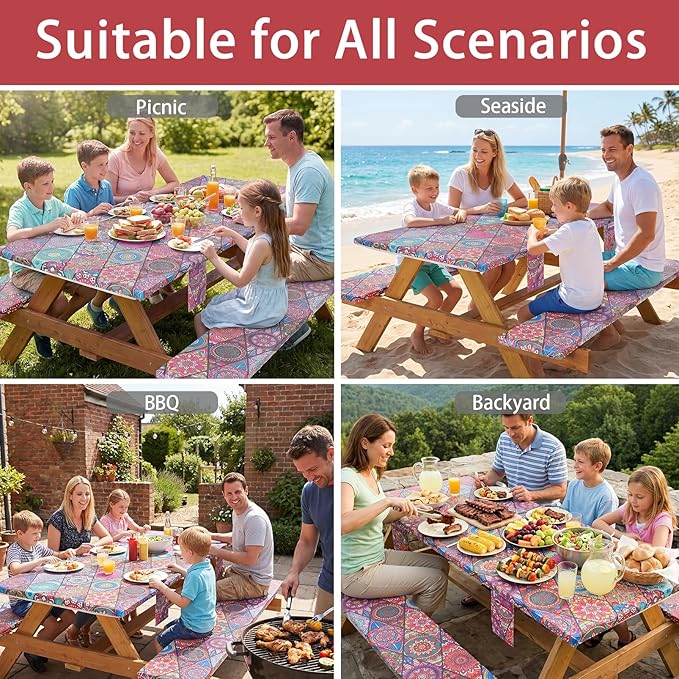 Picnic Table Cover with Bench Covers Fitted Wrinkle Free Camping Table Cloths Hiking Glamping Supplies Travel Trailers Cooking Essential Holiday Festival Decor Gifts for Adult Who Want Nothing