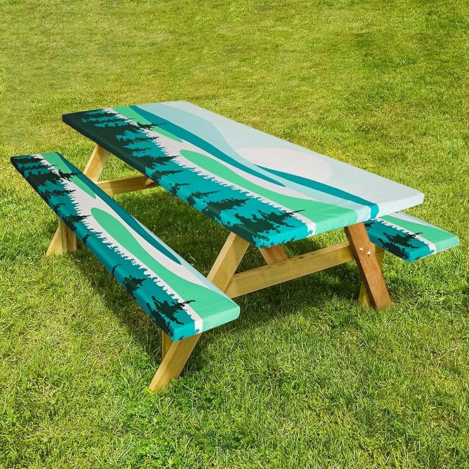 Picnic Table Cover with Bench Covers Camping Essentials Outdoor Reusable Waterproof Tablecloth with Storage Bag, Fitted Rectangle Tables and Seats, 96in, Green Landscape