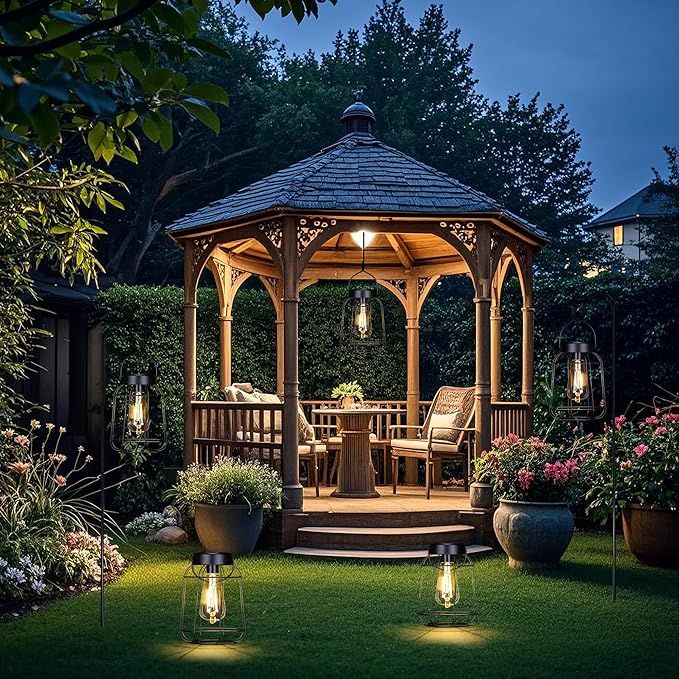 2 Pack Solar Lanterns Outdoor with LED Bulbs Hanging Lights for Outside Waterproof Solar Powered Lanterns for Table Patio Porch Graden and Pathway