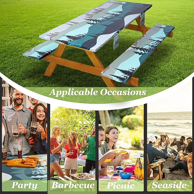 Fitted Picnic Table Cover with Bench Covers Waterproof Elastic Edges Rectangle Patio Tablecloth Outdoor Camping Essentials Stuff Rv Accessories Summer Trip Travel Supplies Party Camper Gifts, 6 ft