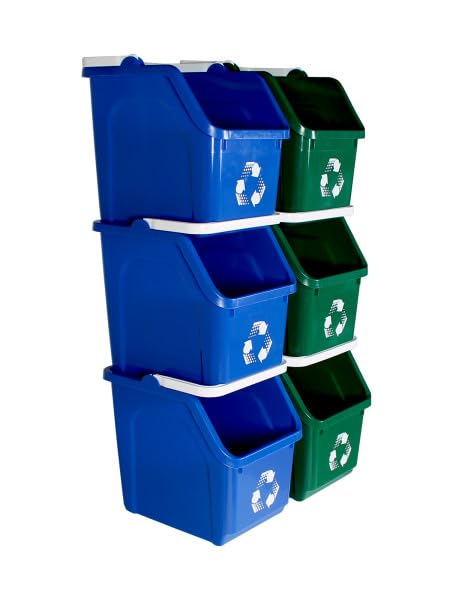Multi Bin Recycling System with Six Stackable 6 Gallon Recycle Bins to Build Your Recycling Center for Offices, Kitchen, Garages, Businesses (6 Pack, Blue/Green)