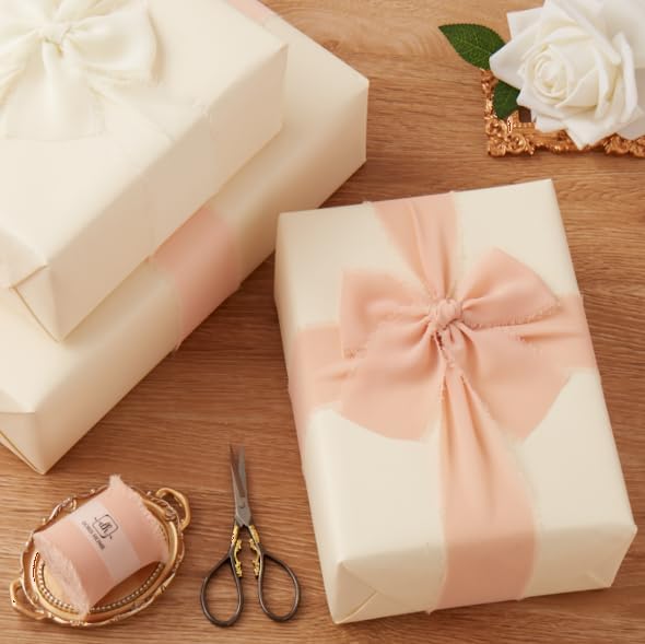 DORIS HOME Nude Pink Chiffon Ribbon for Flower Bouquet, 2" x21Yd Fabric Ribbon for Gift Wrapping, Handmade Frayed Ribbon for Wedding/Christmas Decorations