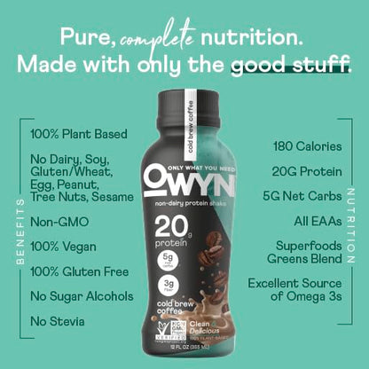 OWYN Only What You Need Vegan Plant-Based Protein Shake, Cold Brew Coffee, 12 Pack, with 20g Plant Protein, Omega-3, Prebiotic supplements, Superfoods Greens Blend, Gluten-Free, Soy-Free, Non-GMO