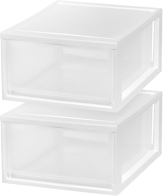 IRIS USA 30 Qt. Plastic Drawer Storage Organizer Stacking Drawers, 2-Pack, Stackable Unit with Sliding Drawer for Clothes Bedroom Kitchen Under Sink Pantry Craft Room Bathroom Dorm Office, White