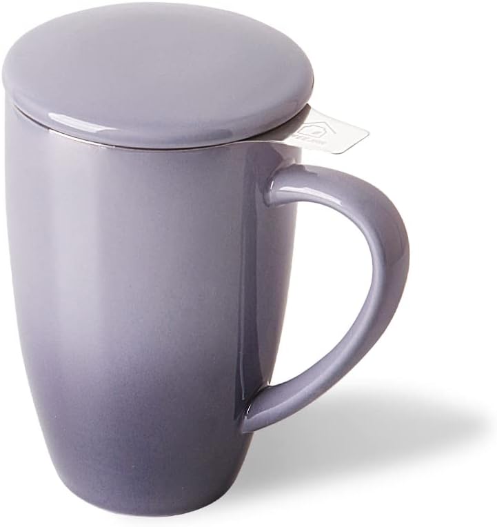 Sweejar Porcelain Tea Infuser Mug with Lid, 16 oz Teacup with Strainers for Loose Leaf Tea, Microwave and Dishwasher Safe Coffee Mug(Gradient Purple)