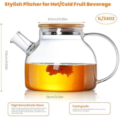 Glass Teapot 34oz/1000ml, Stovetop & Microwave Safe Borosilicate Tea Pot,Clear Teapot with Strainer