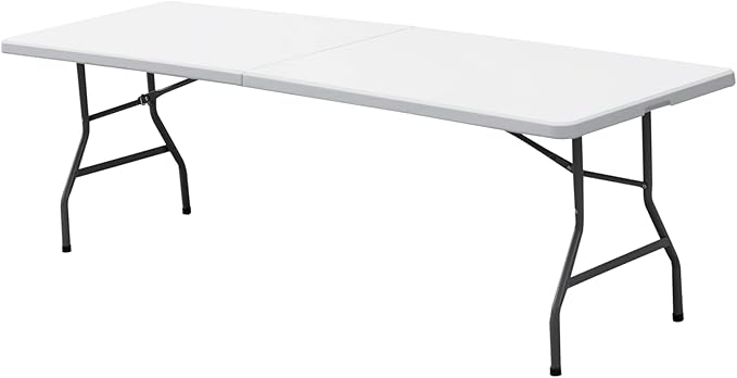 8 FT Folding Table, Fold in Half, Heavy Duty Portable w/Handle Plastic for Picnic Party Camping Dining Indoor Outdoor - Lightweight White