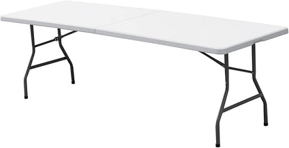 8 FT Folding Table, Fold in Half, Heavy Duty Portable w/Handle Plastic for Picnic Party Camping Dining Indoor Outdoor - Lightweight White