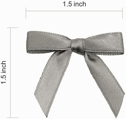 Meseey 100 Pcs 1.5 Inches Premade Craft Bows Self Adhesive Grey Satin Ribbon Bows for Treat Bags Gift Wrapping Basket Wedding Baby Shower Brithday Party(Grey)
