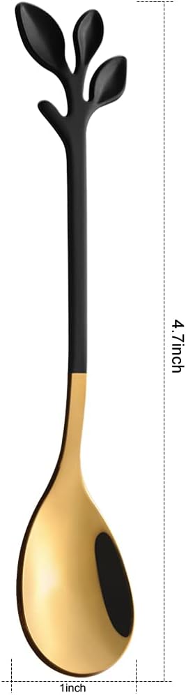 AnSaw Elegant Black & Gold Leaf Espresso Spoons - 10-Piece, 4.7" Mini Stainless Steel Coffee & Dessert Tea Spoons