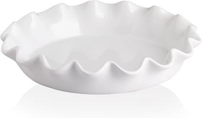Sweejar Ceramic 11.5 Inches Pie Pan for Baking, Deep and Fluted Porcelain Round Pie Dish, Non-Stick Pie Plate for Pumpkin Pie, Apple Pie, Pie Pots with Morden Farmhouse Design(White)