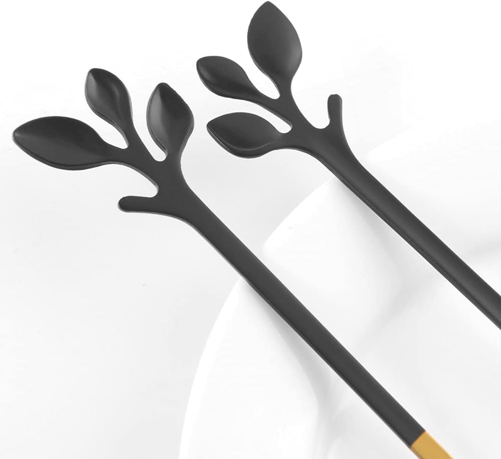 AnSaw Elegant Black & Gold Leaf Espresso Spoons - 10-Piece, 4.7" Mini Stainless Steel Coffee & Dessert Tea Spoons