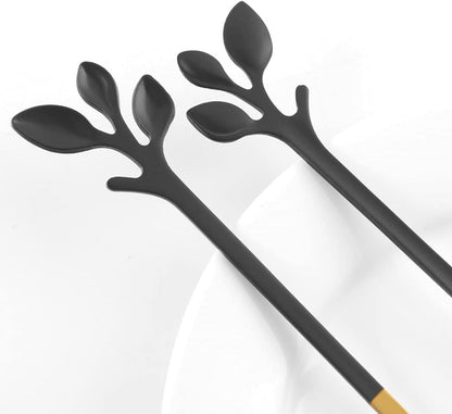 AnSaw Elegant Black & Gold Leaf Espresso Spoons - 10-Piece, 4.7" Mini Stainless Steel Coffee & Dessert Tea Spoons