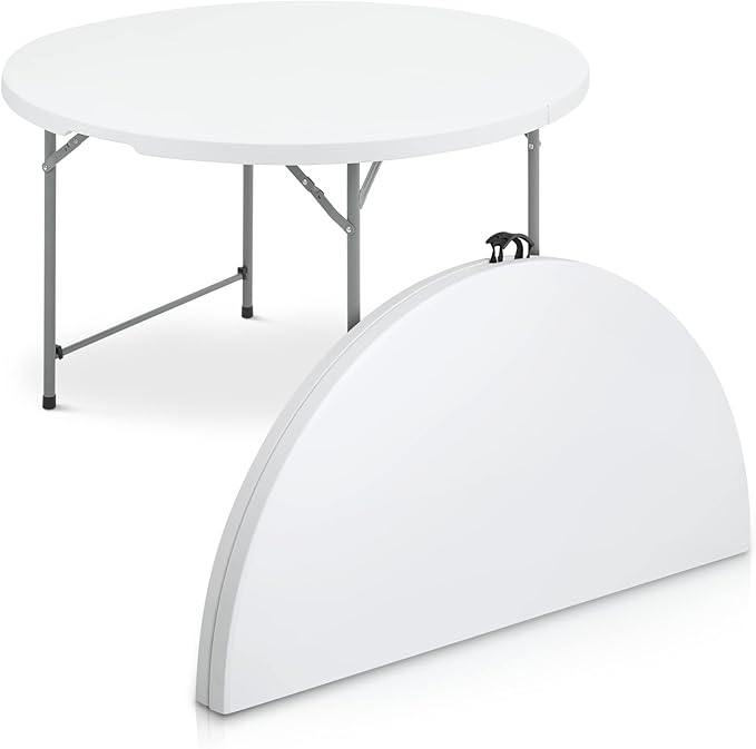 MoNiBloom 4Ft Round Folding Table, Indoor Outdoor Plastic Dining Card Table with Handle and Lock for Picnic Party Banquet Wedding, White