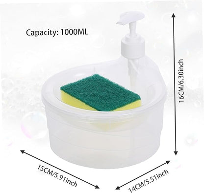 Leafly 2 in 1 Soap Dispenser for Bathroom Accessories Dishwasher Liquid Holder Liquid Dispenser Pump 400 ML with Sponge Holder Kitchen Sink Accessories Items (Multi-Color) (White) (DISHWASH_D)