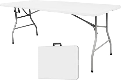 6ft Folding Table Portable Heavy Duty Plastic Utility Foldable Table Indoor Outdoor for Camping, Party with Handle, Lock - White