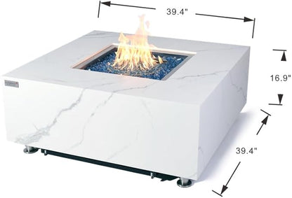 Elementi+ | Bundle Bianco Gas Fire Pit | Marble Porcelain & Metal Frame | 40" Square Fire Table | Electronic Ignition | Canvas Cover, Fire Glass & Burner Lid Included | White | Natural Gas