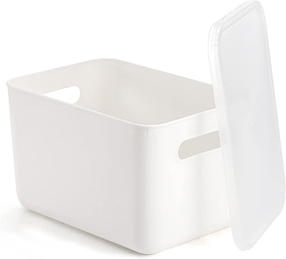 Lawei 4 Pack Plastic Storage Bins with Lid, White Stackable Storage Basket Organizer Box, Sturdy Containers Organizing Lidded Bins for Shelves, Cabinet, Desk, Pantry, Bedroom, Book, Toys