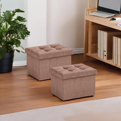 Ornavo Home Small Storage Ottoman, Set of 2, Foldable Collapsible Rectangle Linen Ottoman Foot Rest Stool Seat, for Living Room, Bedroom, Home Office, Dorm - 12 x 16 x 12, Taupe