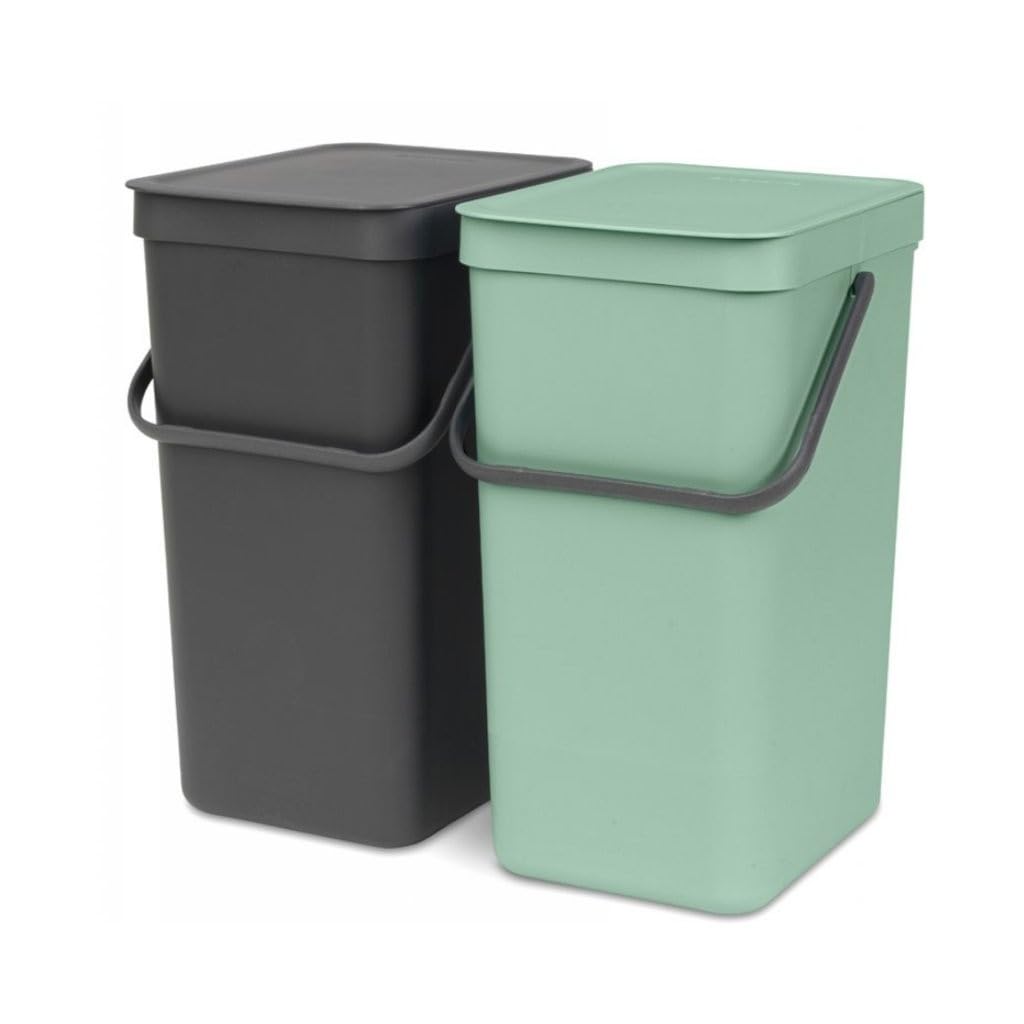 Brabantia Sort & Go Built-in Cupboard Recycling Cans (2 x 4.2 Gal/Dark Gray & Jade Green) Double Door Mounted Trash Organisers with Handles & Removable Lids